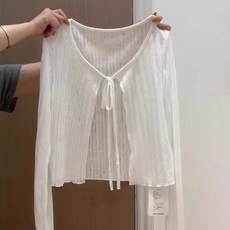 冰絲木耳邊綁帶針織防曬開衫 - 韓系顯瘦長袖上衣, 白色,L建議【53~58KG】