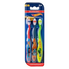 Brush Buddies Hot Wheels 아동용 수동 칫솔 - 3팩 | 재미있는 멀티 컬러 디자인의 부드러운 칫솔 미끄럼 방지 그립 핸들 유아 가정 또는 여행에 적합, 레드, 블루, 그린, 1 Count (Pack of 3)