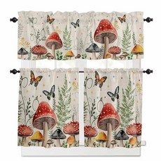 YOKOU 3피스 주방 커튼 티어 및 밸런스 세트 농장 버섯 나비 스타 로드 포켓 짧은 창문 트리트먼트 패널 카페 욕실 허브 잎 레트로 리넨 175353