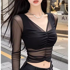 쌍천 여성 브이넥 망사 고탄력 숏탑 방송 댄스 재즈 라인댄스 크롭티 A26021011