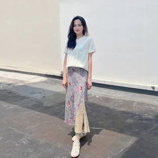 우아한 슬림핏 플로럴 프린트 비대칭 하프 길이 스커트 하이웨이스트 A라인 출퇴근 스타일 가벼운 럭셔리, 01 분홍색, 01 라지