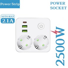 EU 플러그 콘센트 스트립 2구 전원 없음 벽면 2500W 포트 타입 소켓 최대 전력 USB 전기 연장 멀티탭 코드, White, 표준 한국 표준 연합, White