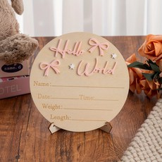 우드 베이비 출생기록판 Hello World / 아기 밀스톤 촬영 소품 리본 장식, 1개, Light Pink