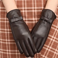 首爾秀抓皺蝴蝶結西班牙頭層小綿羊皮珊瑚絨女士真皮騎車保暖手套, 深棕