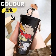 蠟筆小新可愛水壺600ml 女學生高顏值兒童吸管杯 304不銹鋼保溫瓶 大容量便攜水壺冰霸杯, 1個, 黑色