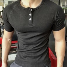 美式亨利領短袖男 緊身衣圓領健身休閒速乾純色彈力修身打底衫T卹