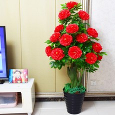 仿真牡丹花樹大盆景客廳室內裝飾擺件，假花落地盆栽超仿真綠植，提升居家品味, 1.5米富貴牡丹大紅+盆+草, 1個