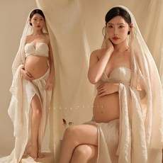 블랙 만삭 촬영 베이지 반목 화보 셀프 사진 임부복, 레이크블루 랩드레스 스카프 포함