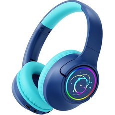 어린이 블루투스 헤드폰 85H 플레이타임 어린이용 무선 헤드폰 컬러풀 LED 조명 8594dB 안전 볼륨 제한 태블릿비행기여행용 블루투스 5.4 마이크 유아 헤드셋 내장 블루, Navy Blue