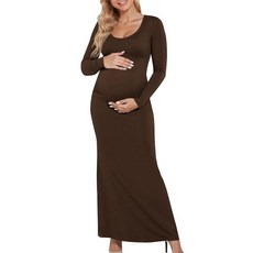 Yousify 여성용 스쿱넥 임산부 맥시 드레스 스플릿 긴소매 슬림핏 스플릿 캐주얼 임산부 의류 베이비 샤워용 커피. XXL