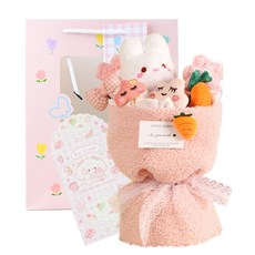 애니멀 인형 꽃다발 종이가방 세트 졸업 입학 학예회 생일 여자친구 선물, 1개, 파스텔 핑크 토끼
