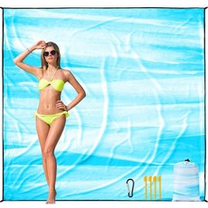 HIHOHO 해변 담요 방수 모래 방지 비치 매트 200.7 x 210.8cm(79 x 83인치) 성인 1-8명 빠른 건조 내구성 있는 야외 피크닉 매트 해변 축제 여행 캠핑, 6'11" x 6'7", 틴팅-블루&w