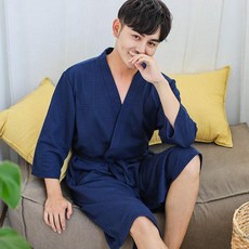 浴袍 女浴袍 春夏薄款短袖華夫格吸水速幹居家服, 華夫格七分袖-藏青色 男 ,L- 建議125-145斤穿