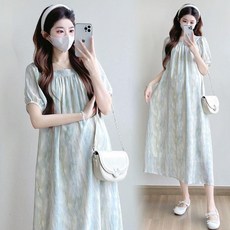 임산부 임부복 여름 얇은 원피스 타이다이 스타일 퍼프 소매 홈웨어