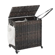 바퀴가 달린 세탁 바구니 130L(34.3갤런) 롤링 뚜껑 포함 탈착식 대형 2가지 색상 라이너 및 메시 가방 3개 측면 포켓이 있는 옷 브라운, 23.62"L x 15.75"W x 25.6"H
