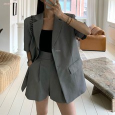 韓國chic 法式氣質復古單排扣短袖西裝外套 寬版短褲