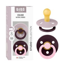 BIBS Colour Studio 젖꼭지 2팩 BPA 프리 둥근 젖꼭지 천연 고무 라텍스 덴마크산 사이즈 2 (6-18개월) - 블러시/우드척, Size 1 | 0+ Month, Dusky Lilac / Plum
