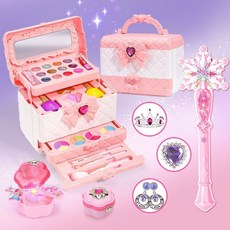 瀾錦書捨 女孩兒童化妝品套裝 無毒彩妝盒 3-9歲 女童公主 生日新年禮物, 【新款公主手提箱】+魔法棒5件套+音樂盒, 1個