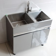 不鏽鋼304水槽洗碗台，單櫃落地式洗衣櫃，陽臺家用洗衣池帶搓板洗手臺盆浴室櫃組合, 90*48手工盆, 1個