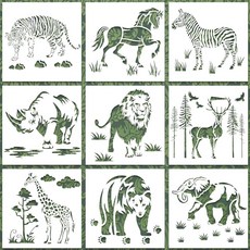 野生動物鏤空學生DIY塗鴉模版套裝 20釐米 9張入 手工美術課 創意繪畫, 1個, 9件野生動物模板（20厘米）