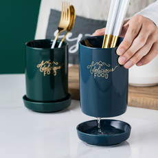 북유럽풍 골드레터링 도자기 수저꽂이 물받이 포함 수저정리함 2종 세트, 다크블루, 1개