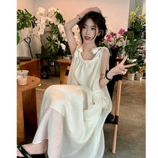 투니스 여성 스트랩 리본 롱 원피스