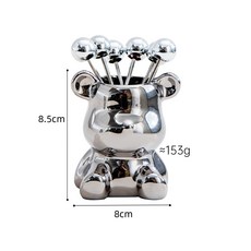 小熊水果叉套裝 可愛創意收納罐 水果盤叉子 不銹鋼水果叉 輕奢水果叉, 1個, 輕奢銀+6圓珠叉, 輕奢銀