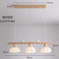 HUGO LIGHTING 北歐原木小鳥餐桌吊燈 一字型直排式 日式風中島吧臺燈, 三燈長盤 (寬6cm底盤)限有裝修天花版