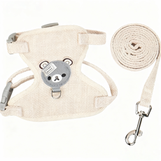寵物小熊造型胸背帶牽引繩套裝 兔子/倉鼠/天竺鼠適用 透氣舒適可調節, 米白小熊L, 1個