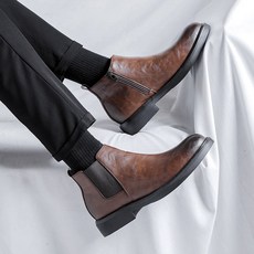 남성 앵글 부츠 앵클 남성구두 구두 반부츠 신발 남자 캐주얼 소가죽 키높이 방한화 속굽, 1개, 브라운 키높이