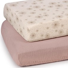 ECLATIS LulumoON 온 아기 모슬린 침대 시트: 부드럽고 쾌적한 통기성이 좋은 매트리스 커버 남아 및 여아용 - 표준 침대용 카키 버니 시트 2팩 292701, 샌드 & 데이지