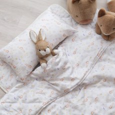 伯尼寢具 60支天絲兒童睡墊三件組：可機洗、好折疊, 白茶小兔,幼稚園兒童睡墊三件組