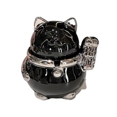 陶瓷招財貓造型煙灰缸 (奶白銀) 可愛療癒系桌面擺飾, 黑銀, 1個