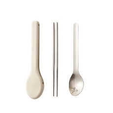 H&L匠心優廚 奶霜矽膠套316不鏽鋼餐具組 便攜式午餐餐具, 奶霜杏, 1個, 勺筷兩件組