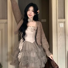 甜美複古開衫吊帶蓬蓬公主裙套裝 秋季新款溫柔少女茶歇公主裙套裝