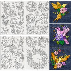 4개 벌새와 꽃 패턴 수공 재봉 수용성 자수 종이 안정기 297x210mm, 혼합 색