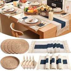 Gandeer 보헤미안 플레이스 매트 4세트 원형 우븐 매트 천 냅킨 나무 비즈 냅킨 링 긴 테이블 러너 및 농가 소박한 천연 삼베 면 주방 다이닝 가정용 (블루), 4, 블루