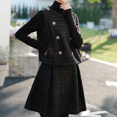 POMTOR 트위드 민소매 베스트 하이웨스트 A라인 미디 스커트 투피스 세트