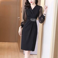 Titikong 여성 스팽글 망사 쉬폰 미디원피스 슬림핏 긴팔 드레스 시스루