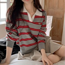 투니스 여성 스트라이프 배색 폴로넥 긴소매 스웨터
