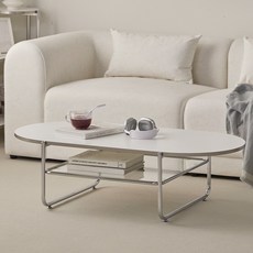퍼니코 오프 타원 2단 강화유리 거실 소파 테이블 1000/1200, 오프 화이트