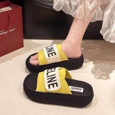 拖鞋 室內拖鞋女防滑耐磨EVA軟底防臭運動拖鞋輕量止滑足弓拖鞋夏季舒適透氣踩屎感一字拖沙灘拖鞋增高厚底外出拖鞋室外大尺碼涼拖鞋, 35, 黑黃色