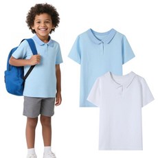 HILEELANG 유니 남아 여아 유니폼 폴로 셔츠 피케 면 스쿨 탑 티셔츠 2팩 24po3#화이트라이트블루