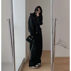 寬鬆連帽拉鍊運動套裝女 高腰闊腿休閒長褲 舒適透氣，時尚百搭
