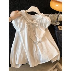 해피유통 여성 프릴 러플 리본 버튼 블라우스 퍼프소매 데일리 상의