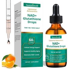 NAD+ Glutathione Liquid Drops with Liposomal Astaxanthin - Supports Cellular Energy Dual Antioxid, 1개, 60ml