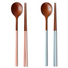 리숲 달 천연 옻칠 고급 한식 나무 수저 세트, 1세트, 수저세트, 2인A(핑크1개+라이트블루1개)