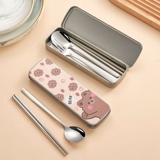 特惠 食品級不銹鋼筷子 勺子叉子套裝 學生便攜餐具 三件套可愛卡通收納盒, 1個, 不銹鋼【盒子】,A1簡約版【沒圖案】