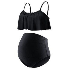 DEBELLY 임산부 비키니 세트 투피스 수영복 러플 여성용 수영복 하이 웨이스트 빈티지 임산부 수영복 블랙 화이트 꽃무늬 S, Small, 단색 블랙