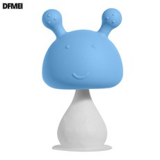 DFMEI 寶寶響鈴磨牙棒嬰兒帶搖鈴小蘑菇頭牙膠玩具防吃手兔子咬膠帶音樂, 1個, 如圖, 藍色-單面卡通